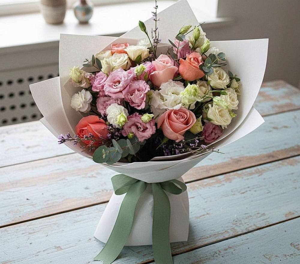 Букет цветов из: Розы, Лизиантусы и Гвоздики в Шиткино