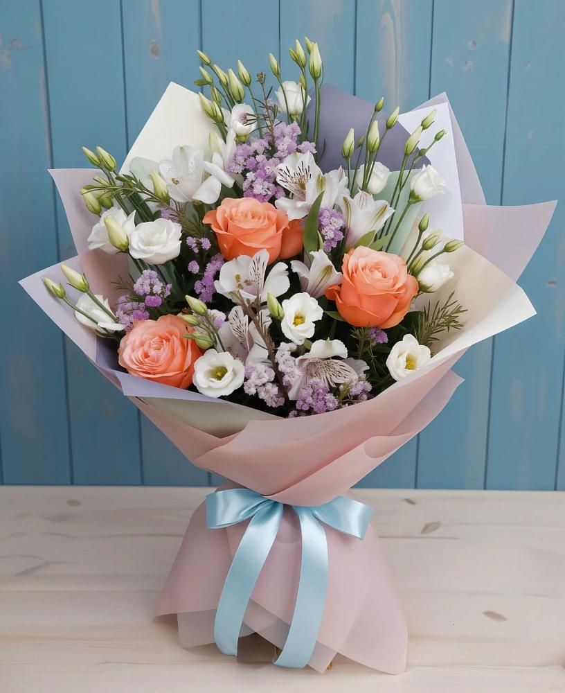Букет цветов из: Лизиантусы, Розы, Альстромерии и Гипсофила в Шиткино